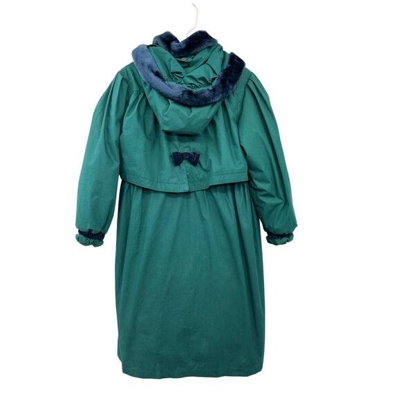 Vintage Rothschild Green Faux Fur Hooded Coat Womens M/L Velvet Bows Used Unique - Picture 2 of 16